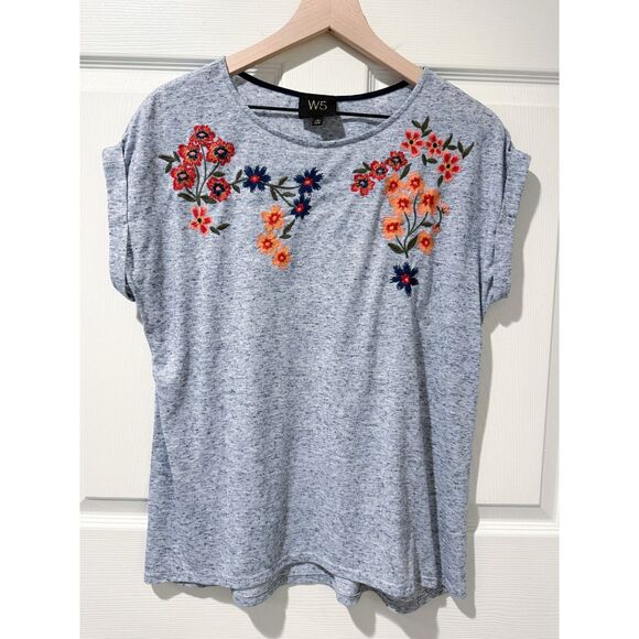 W5 Anthropologie Floral Linen Blend Embroidered Top Roll Sleeve Blue Boho L - Picture 1 of 8